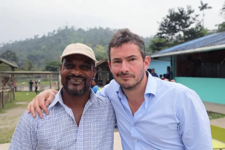 Giles Coren and Jose Napa from BBC Amazing Hotels sharing a moment at Mashpi Lodge, embodying the spirit of exploration and community.
