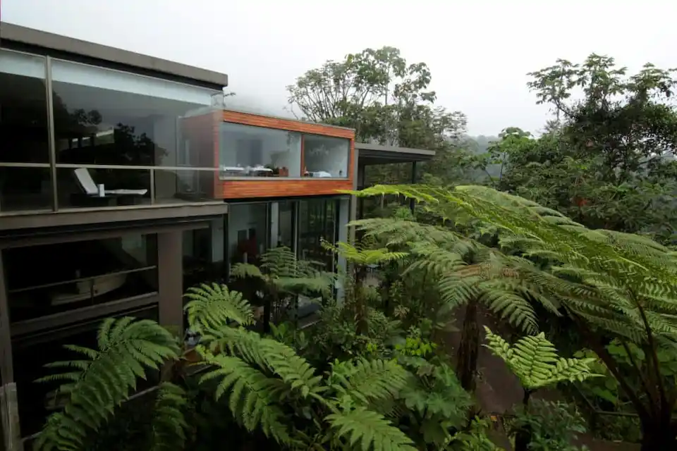 El spa exterior del Mashpi Lodge, rodeado de exuberante vegetación, ofrece un tranquilo retiro de bienestar en plena naturaleza.