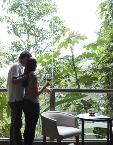 mashpi lodge habitacion pareja selva Couple embracing the serene forest view from their Mashpi Lodge room, connecting with nature.
