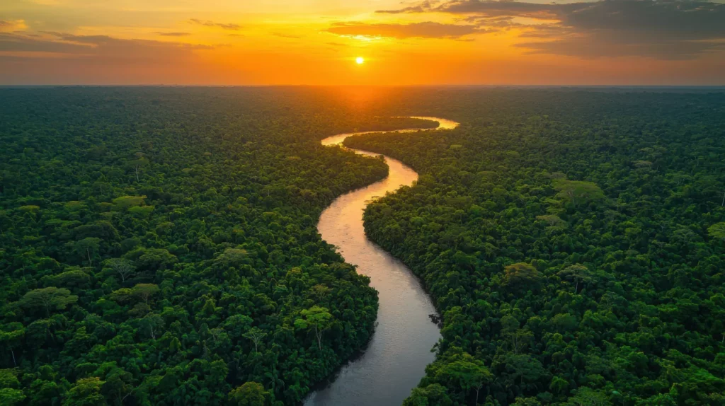 Aerial View of a River Winding Through the Amazon Rainforest